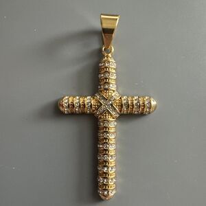 Cross Pendant Stainless Steel Cubic Zirconia 24” Chain Necklace Hip Hop Gold Men